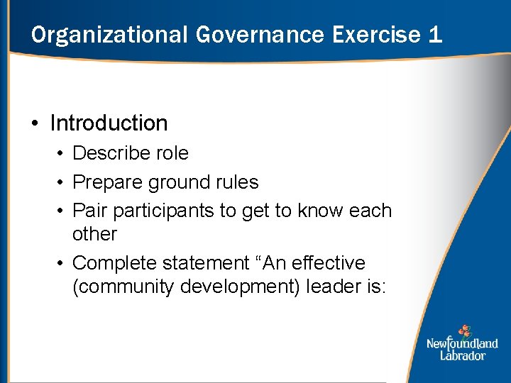 Organizational Governance Exercise 1 • Introduction • Describe role • Prepare ground rules •