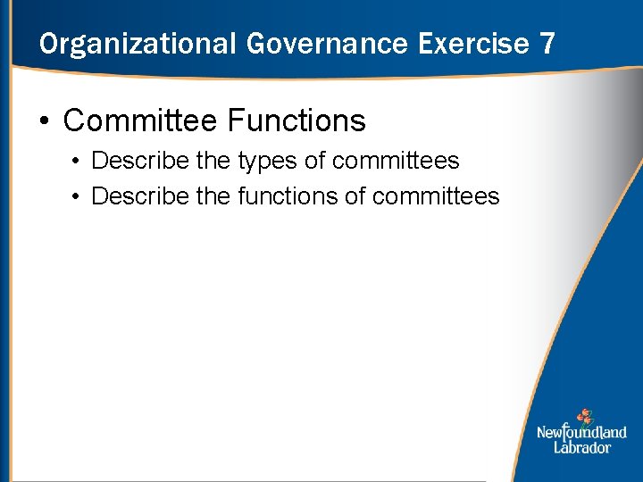 Organizational Governance Exercise 7 • Committee Functions • Describe the types of committees •