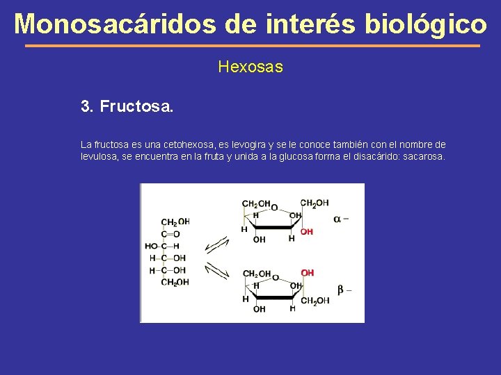 Monosacáridos de interés biológico Hexosas 3. Fructosa. La fructosa es una cetohexosa, es levogira