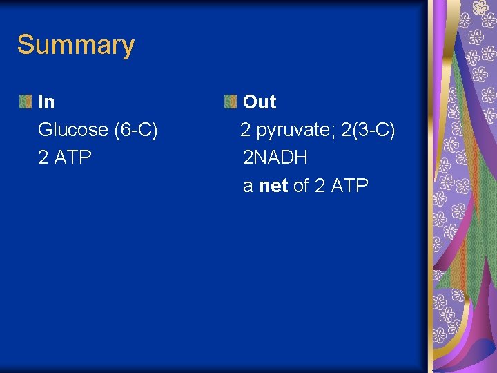 Summary In Glucose (6 -C) 2 ATP Out 2 pyruvate; 2(3 -C) 2 NADH