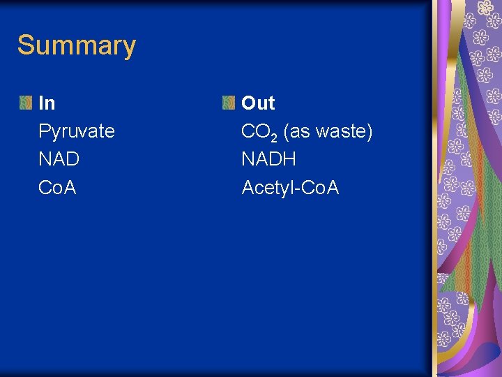 Summary In Pyruvate NAD Co. A Out CO 2 (as waste) NADH Acetyl-Co. A