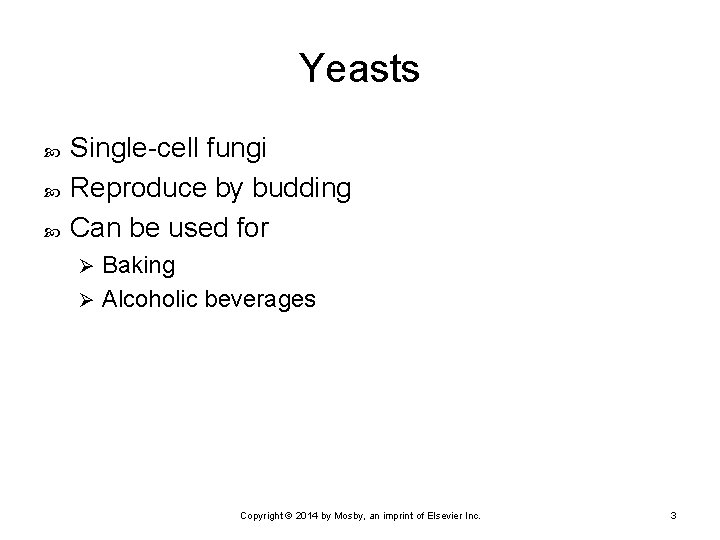 Yeasts Single-cell fungi Reproduce by budding Can be used for Baking Ø Alcoholic beverages