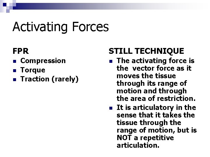 Activating Forces FPR n n n Compression Torque Traction (rarely) STILL TECHNIQUE n n