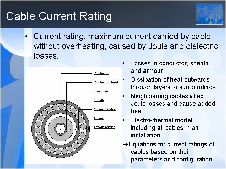 Cable Current Rating • Current rating: maximum current carried by cable without overheating, caused