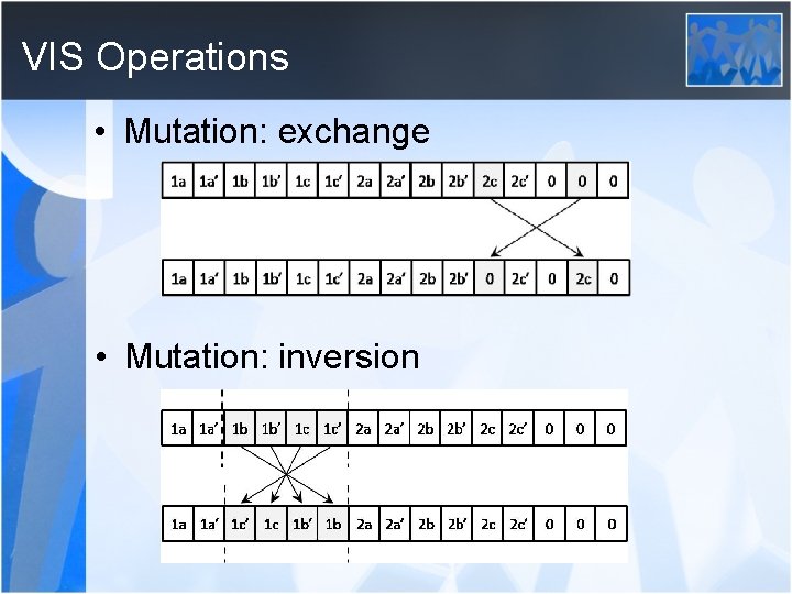 VIS Operations • Mutation: exchange • Mutation: inversion 