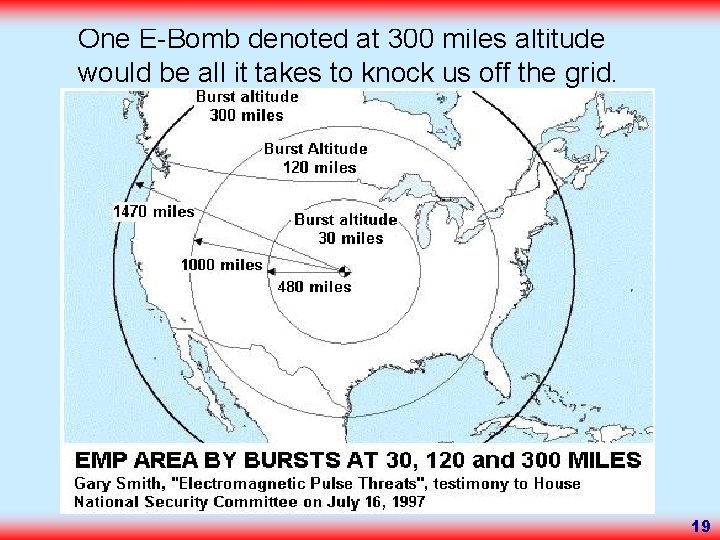 One E-Bomb denoted at 300 miles altitude would be all it takes to knock One E-Bomb denoted at 300 miles altitude would be all it takes to knock