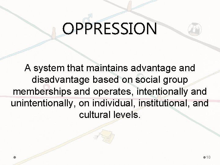 OPPRESSION A system that maintains advantage and disadvantage based on social group memberships and