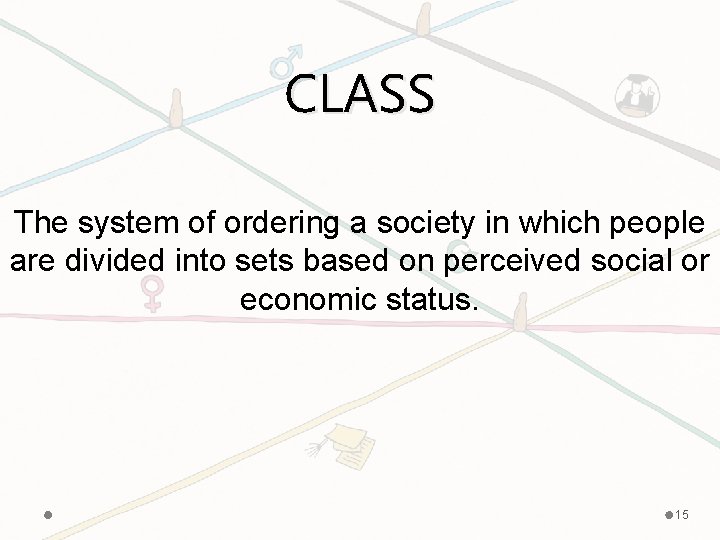 CLASS The system of ordering a society in which people are divided into sets