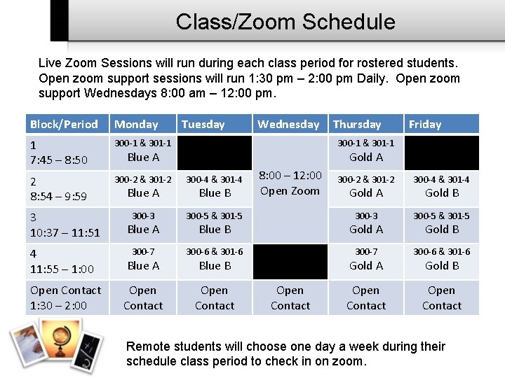 Class/Zoom Schedule Live Zoom Sessions will run during each class period for rostered students.