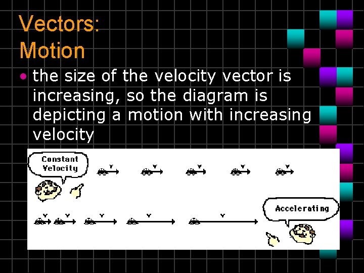 Vectors: Motion • the size of the velocity vector is increasing, so the diagram