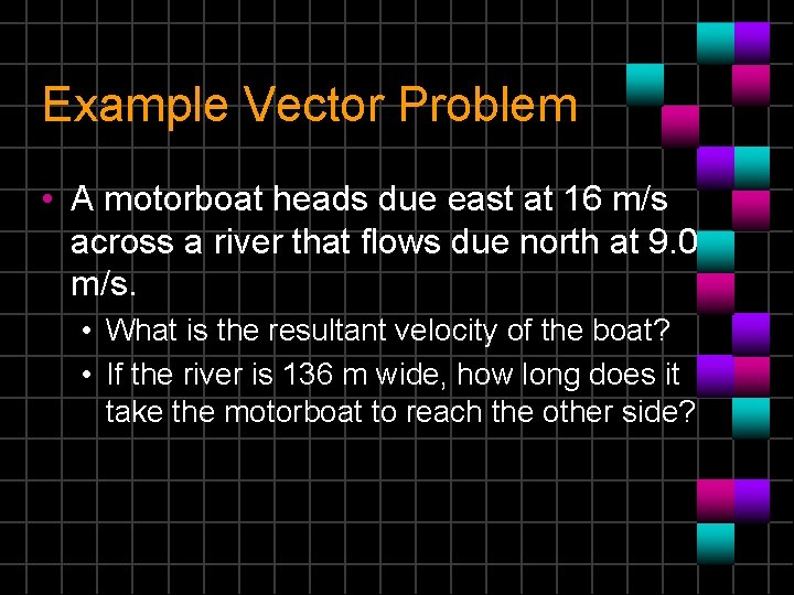 Example Vector Problem • A motorboat heads due east at 16 m/s across a