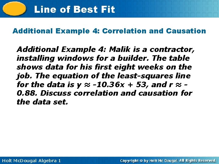 Line of Best Fit Additional Example 4: Correlation and Causation Additional Example 4: Malik