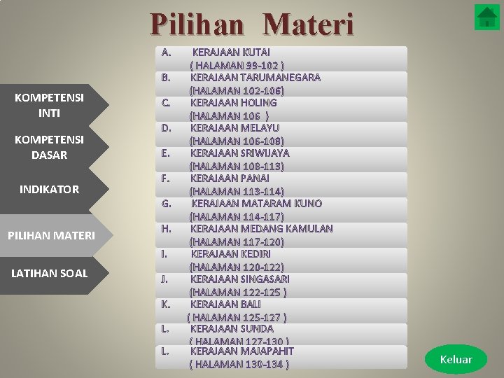 Pilihan Materi A. KOMPETENSI INTI KOMPETENSI DASAR INDIKATOR MATERI PILIHAN MATERI LATIHAN SOAL KERAJAAN