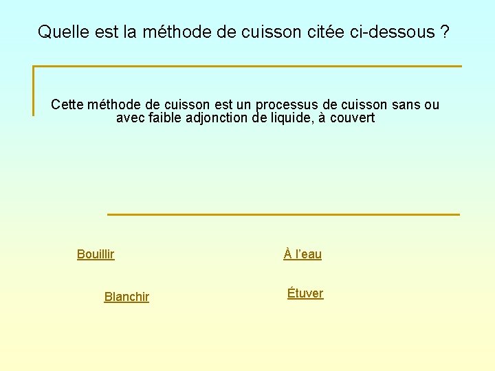 Quelle est la méthode de cuisson citée ci-dessous ? Cette méthode de cuisson est
