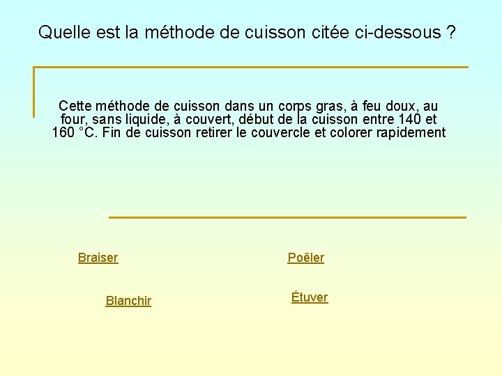 Quelle est la méthode de cuisson citée ci-dessous ? Cette méthode de cuisson dans