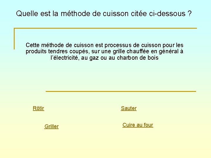 Quelle est la méthode de cuisson citée ci-dessous ? Cette méthode de cuisson est