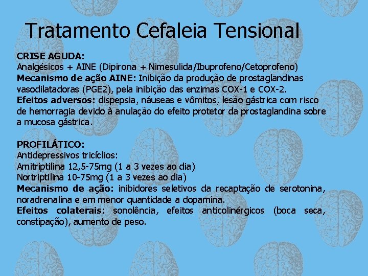 Tratamento Cefaleia Tensional CRISE AGUDA: Analgésicos + AINE (Dipirona + Nimesulida/Ibuprofeno/Cetoprofeno) Mecanismo de ação