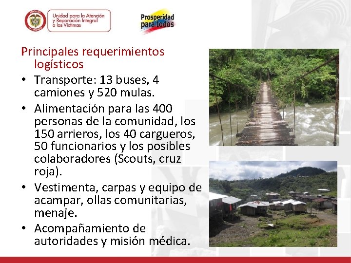 Principales requerimientos logísticos • Transporte: 13 buses, 4 camiones y 520 mulas. • Alimentación