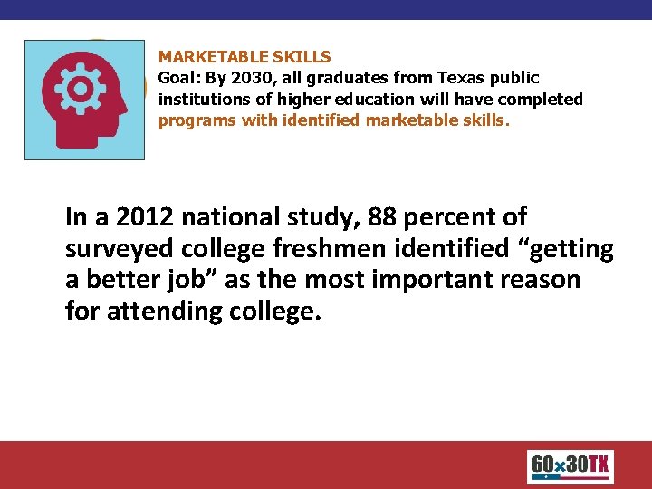 MARKETABLE SKILLS Goal: By 2030, all graduates from Texas public institutions of higher education