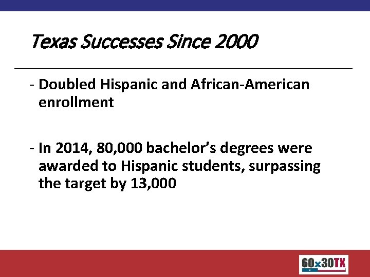 Texas Successes Since 2000 - Doubled Hispanic and African-American enrollment - In 2014, 80,