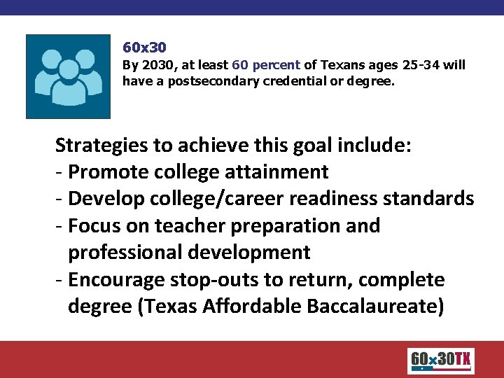 60 x 30 By 2030, at least 60 percent of Texans ages 25 -34