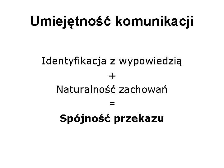 Umiejętność komunikacji Identyfikacja z wypowiedzią + Naturalność zachowań = Spójność przekazu 