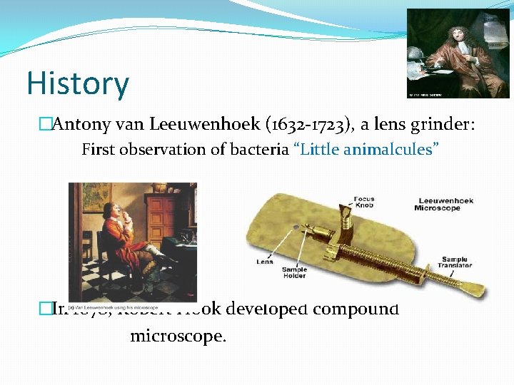 History �Antony van Leeuwenhoek (1632 -1723), a lens grinder: First observation of bacteria “Little