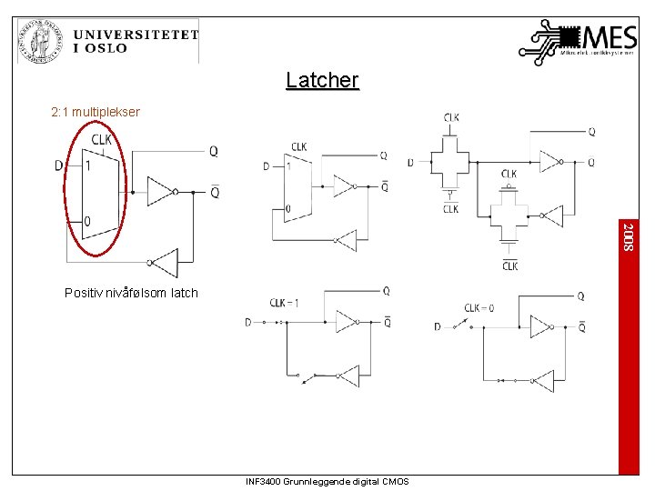 Latcher 2: 1 multiplekser 2008 Positiv nivåfølsom latch INF 3400 Grunnleggende digital CMOS 