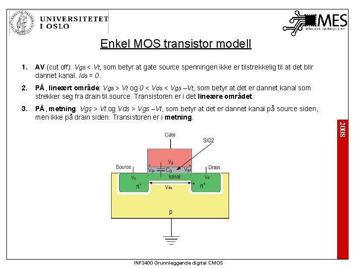 Enkel MOS transistor modell 1. AV (cut off): Vgs < Vt, som betyr at