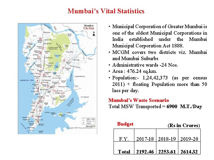 Mumbai’s Vital Statistics • Municipal Corporation of Greater Mumbai is one of the oldest