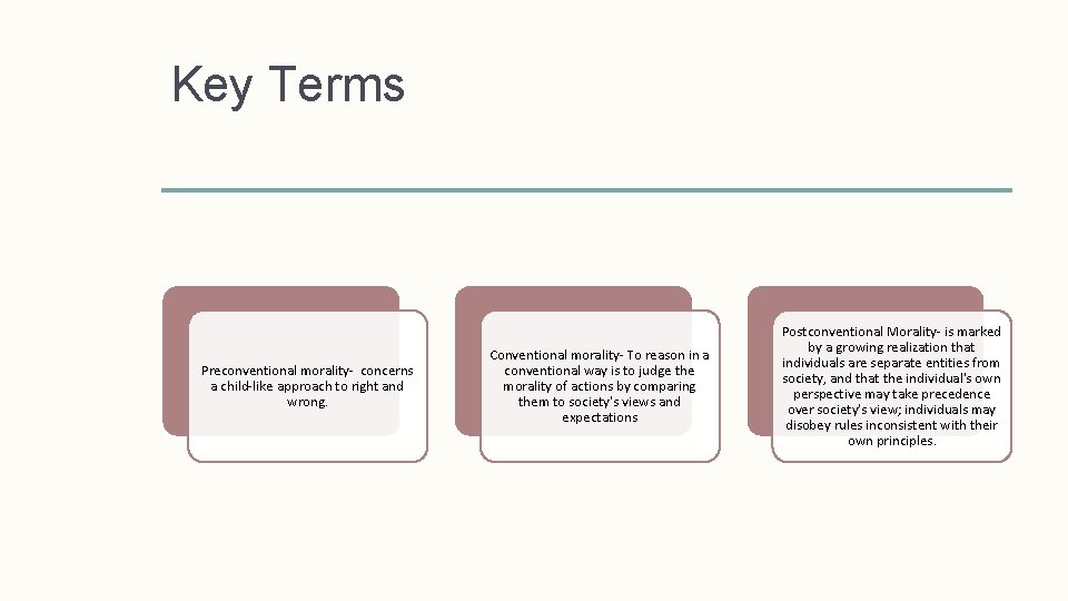 Key Terms Preconventional morality- concerns a child-like approach to right and wrong. Conventional morality-