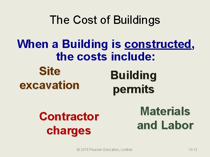 The Cost of Buildings When a Building is constructed, the costs include: Site Building