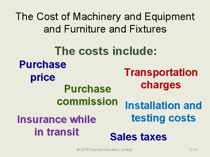 The Cost of Machinery and Equipment and Furniture and Fixtures The costs include: Purchase