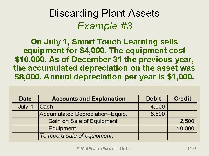 Discarding Plant Assets Example #3 On July 1, Smart Touch Learning sells equipment for