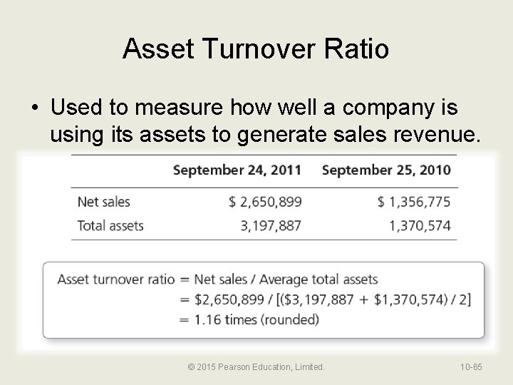 Asset Turnover Ratio • Used to measure how well a company is using its