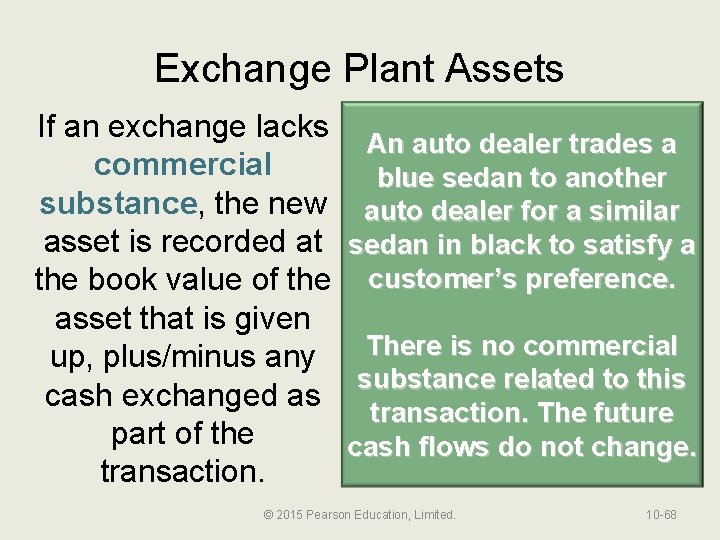 Exchange Plant Assets If an exchange lacks commercial substance, substance the new asset is