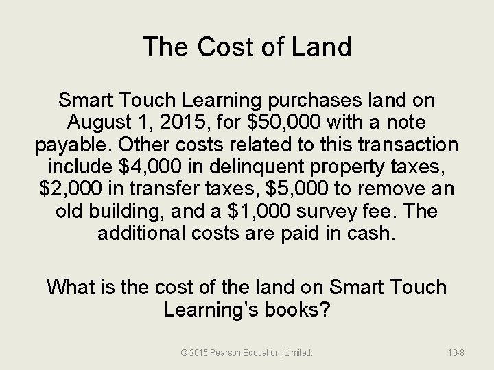 The Cost of Land Smart Touch Learning purchases land on August 1, 2015, for