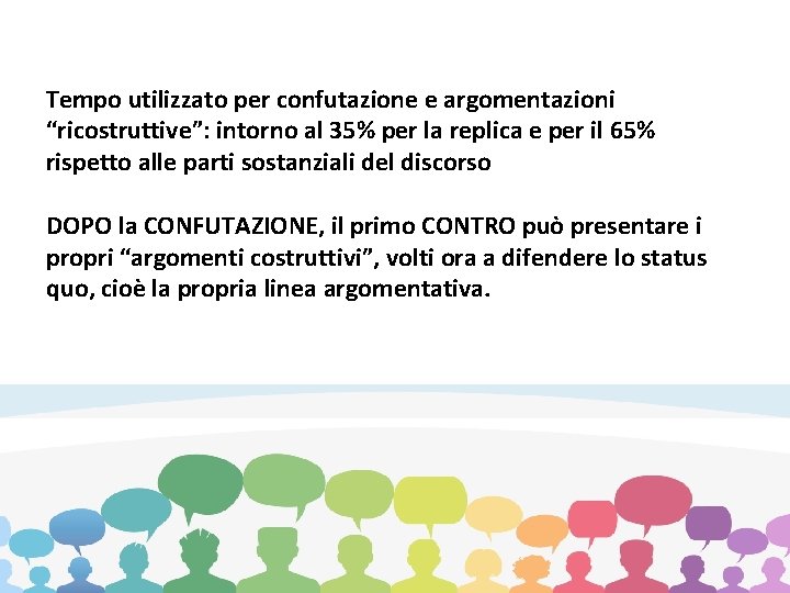 Tempo utilizzato per confutazione e argomentazioni “ricostruttive”: intorno al 35% per la replica e