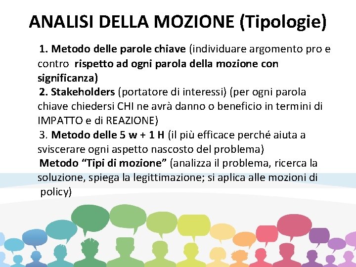 ANALISI DELLA MOZIONE (Tipologie) 1. Metodo delle parole chiave (individuare argomento pro e contro