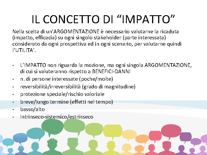 IL CONCETTO DI “IMPATTO” Nella scelta di un’ARGOMENTAZIONE è necessario valutarne la ricaduta (impatto,