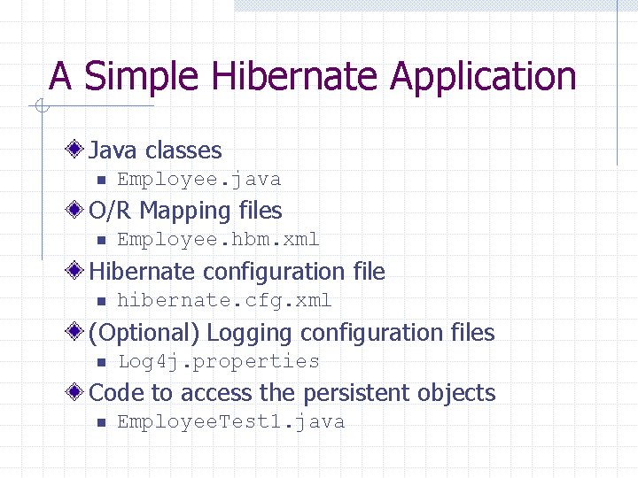 A Simple Hibernate Application Java classes n Employee. java O/R Mapping files n Employee.
