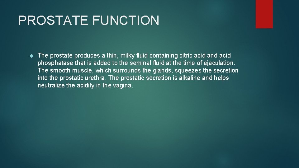 PROSTATE FUNCTION The prostate produces a thin, milky fluid containing citric acid and acid