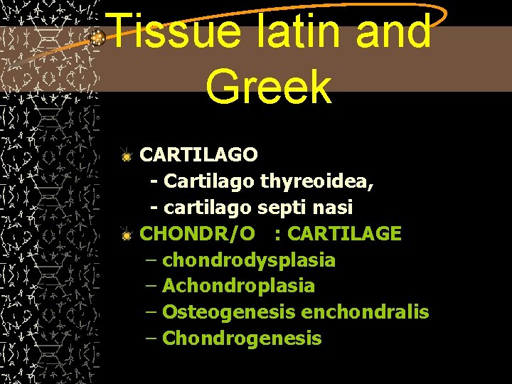 Tissue latin and Greek CARTILAGO - Cartilago thyreoidea, - cartilago septi nasi CHONDR/O :