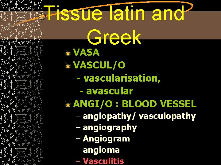 Tissue latin and Greek VASA VASCUL/O - vascularisation, - avascular ANGI/O : BLOOD VESSEL