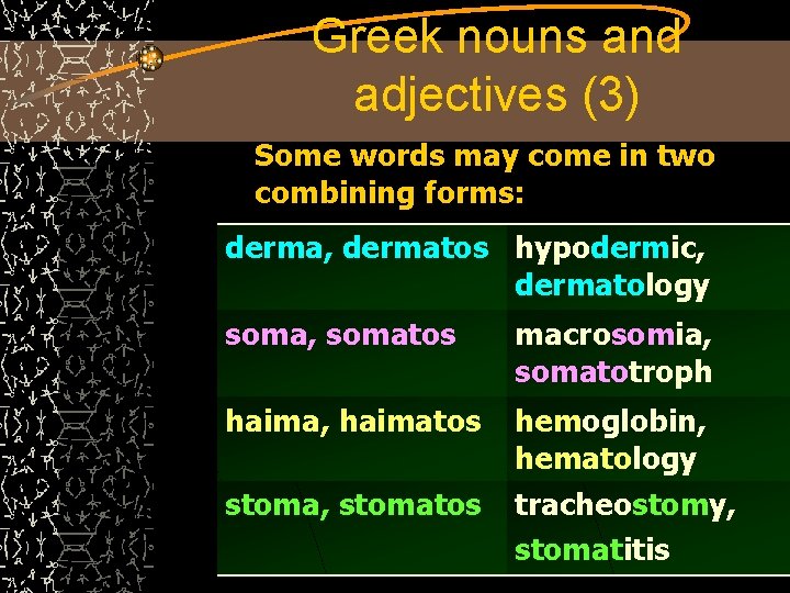 Greek nouns and adjectives (3) Some words may come in two combining forms: derma,