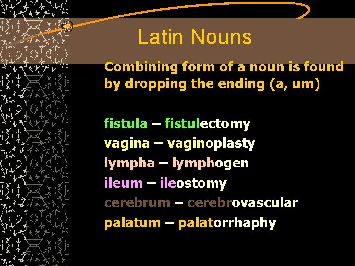 Latin Nouns Combining form of a noun is found by dropping the ending (a,