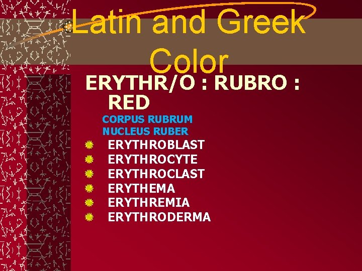 Latin and Greek Color ERYTHR/O : RUBRO : RED CORPUS RUBRUM NUCLEUS RUBER ERYTHROBLAST