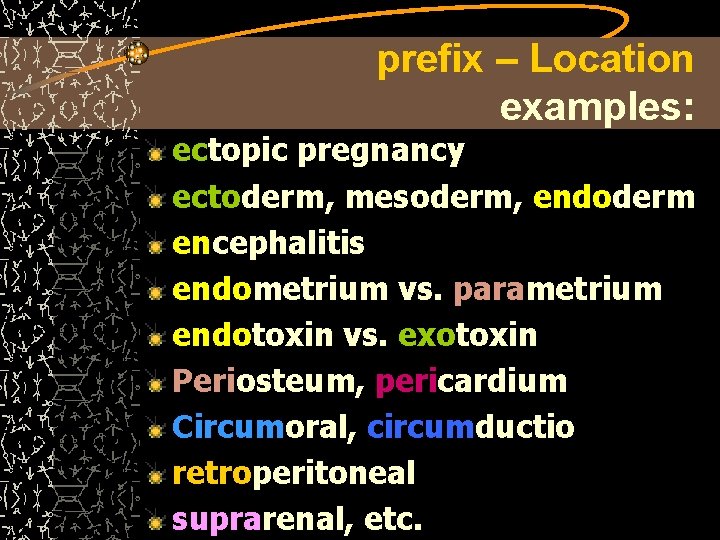 prefix – Location examples: ectopic pregnancy ectoderm, mesoderm, endoderm encephalitis endometrium vs. parametrium endotoxin