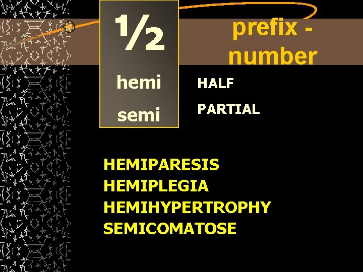 ½ prefix number hemi HALF semi PARTIAL HEMIPARESIS HEMIPLEGIA HEMIHYPERTROPHY SEMICOMATOSE 