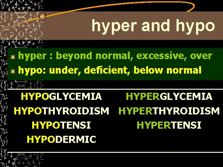 hyper and hypo hyper : beyond normal, excessive, over hypo: under, deficient, below normal